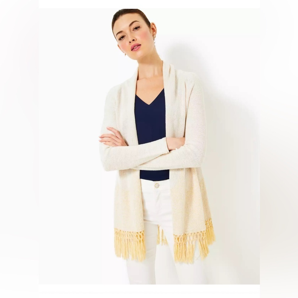Lilly Pulitzer Gold Fringed Tatum Long Fringe Hem Cardigan Sweater Size XS